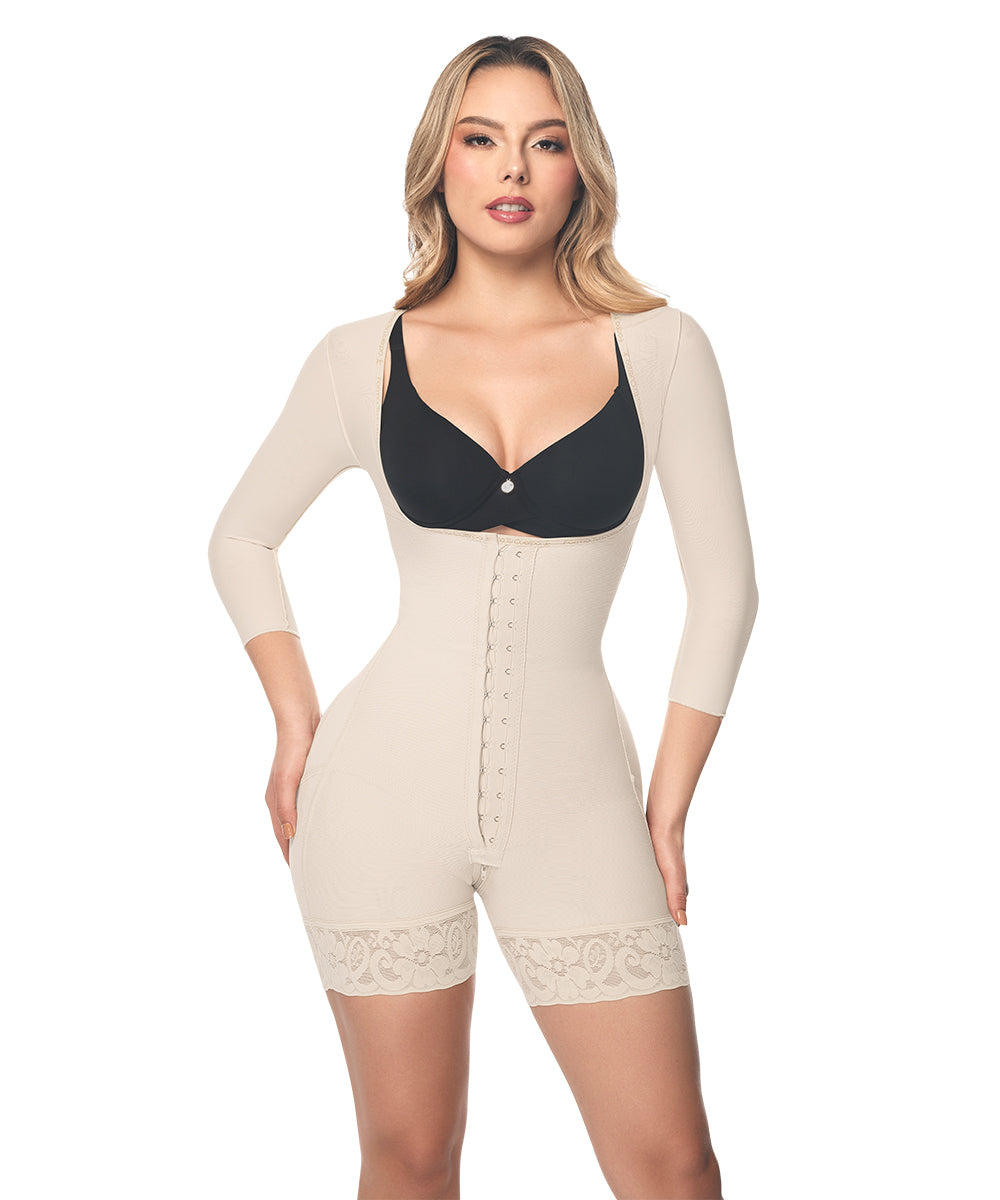 Open Bust Bodysuit Mid Thigh • Long Sleeves • 3 Compression Hook Levels • Perineal Zipper • Beige  • Black ( Ref. O-015 / O-215 )